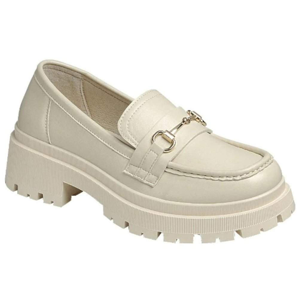 New Bone Beige Chain Platform Chunky Heel Penny Loafers